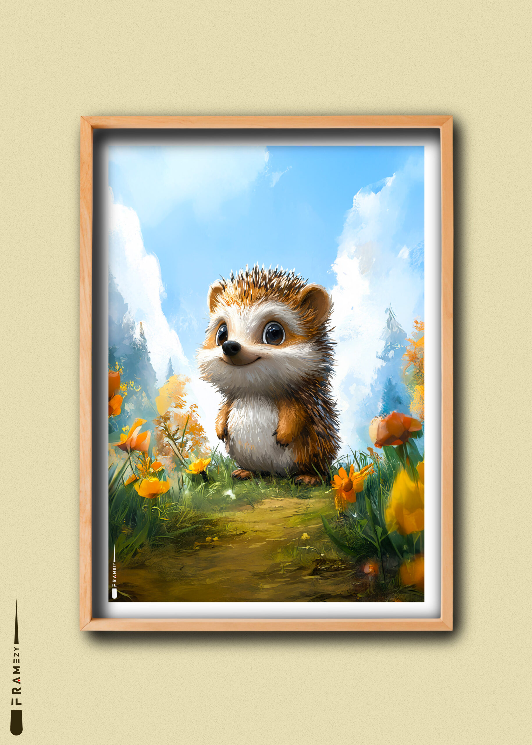 Plakat med sødt pindsvin omgivet af blomster i en skov