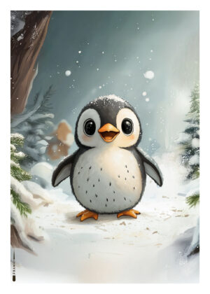 Plakat med glad baby-pingvin i snefuld skov