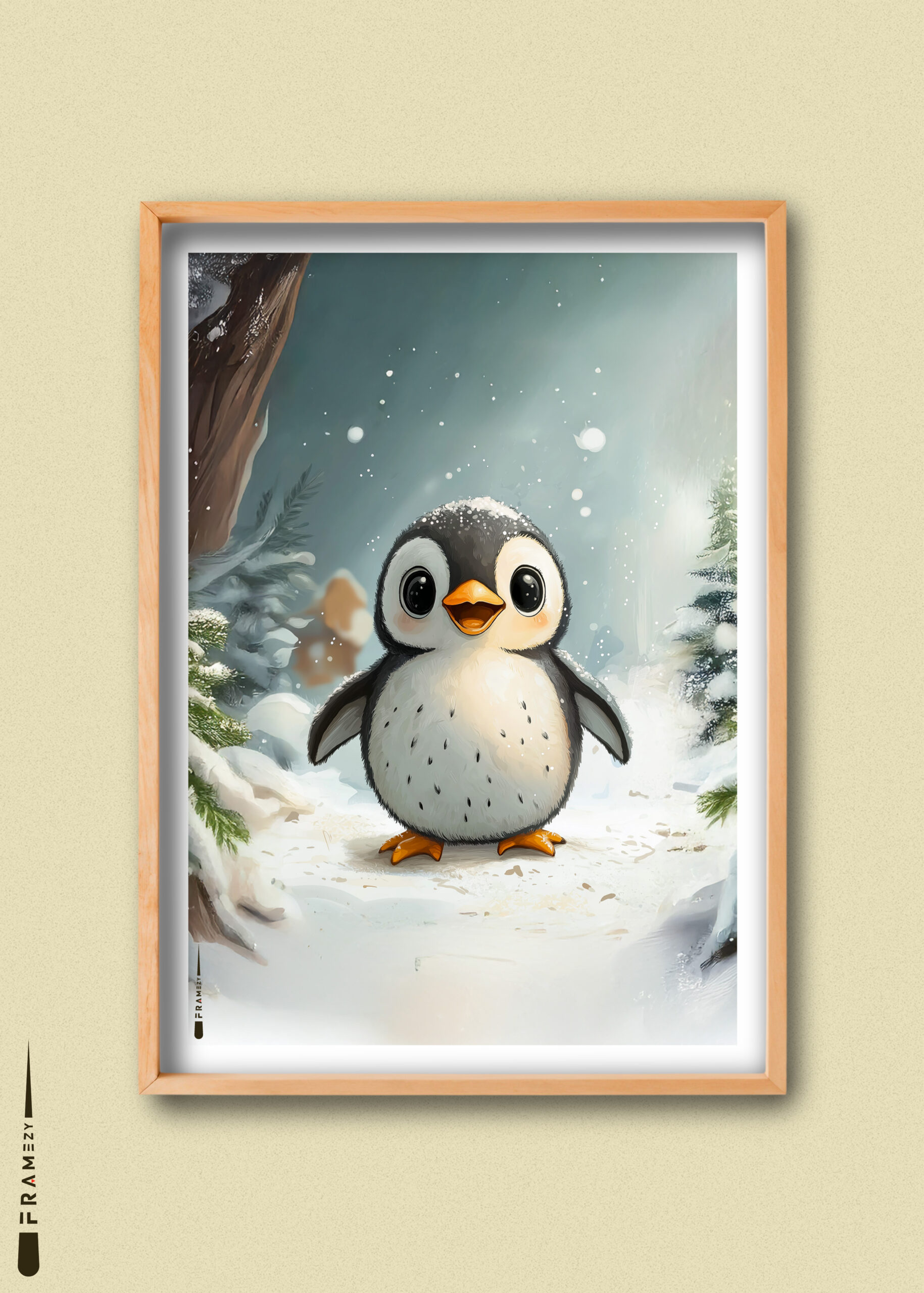 Plakat med glad baby-pingvin i snefuld skov