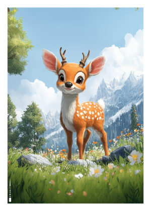 Rådyr i blomstereng med bjerglandskab i baggrunden