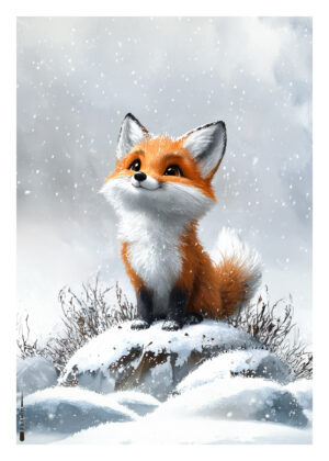 Sødt rævemotiv i snedækket landskab med snefnug