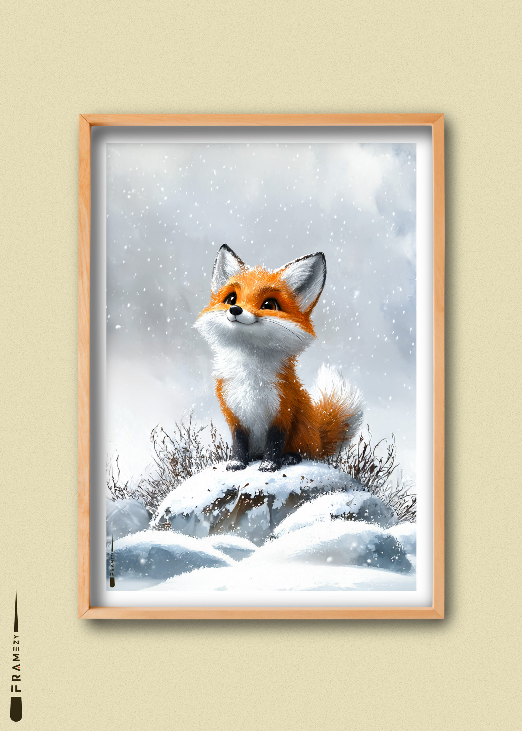 Sødt rævemotiv i snedækket landskab med snefnug