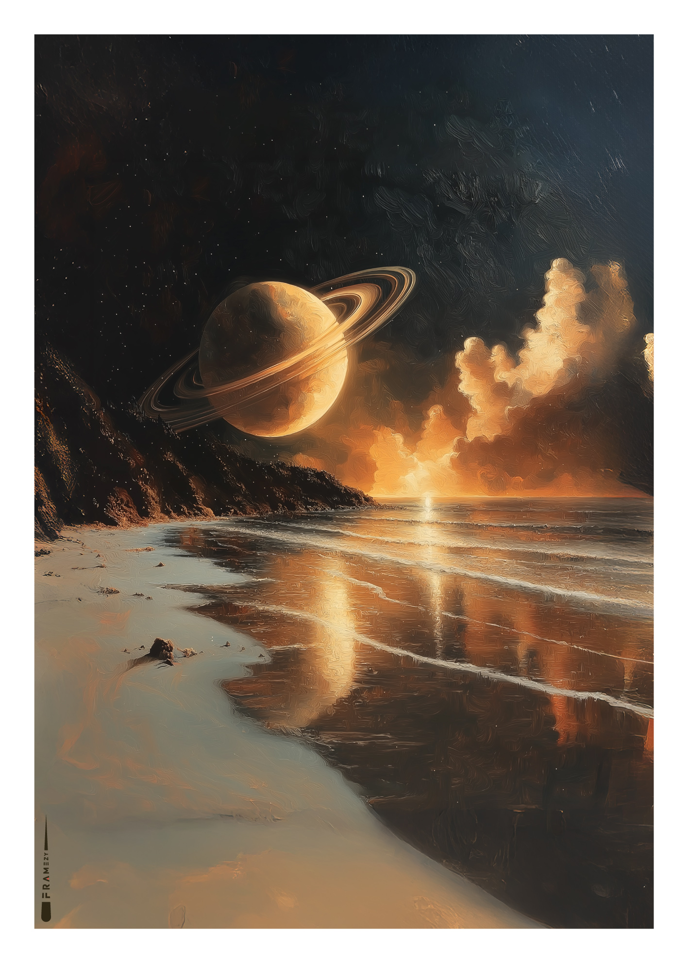 Surrealistisk plakat med planeten Saturn over strand i solnedgang, spejlet i havet.