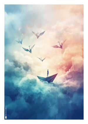 Person på papirskib blandt skyer og origamifugle i farverig himmel.