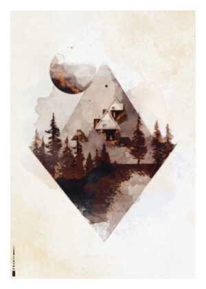 Tåget skovlandskab med hus og måne i geometrisk ramme.
