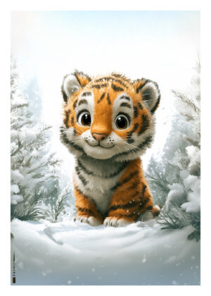 Plakat med nuttet tigerunge i snefuld skov