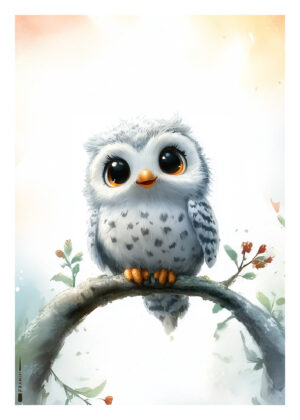 Sødt uglemotiv med hvide og grå fjer på gren