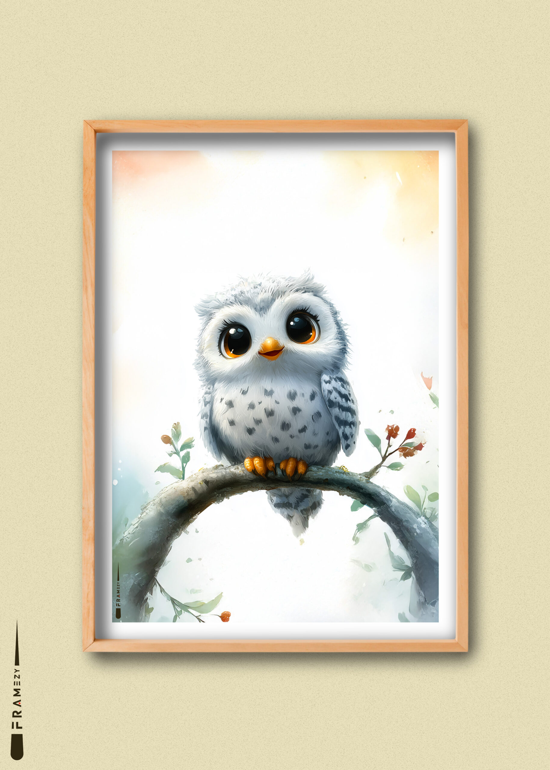 Sødt uglemotiv med hvide og grå fjer på gren