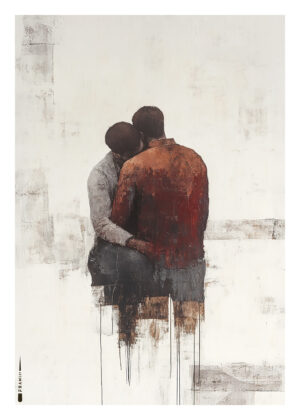 Abstrakt plakat af to personer i en kærlig omfavnelse, malet i jordtoner og teksturrige penselstrøg.