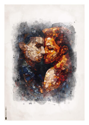 Mosaik-inspireret plakat af to mænd i en kærlig omfavnelse, skabt i varme og dybe farver.