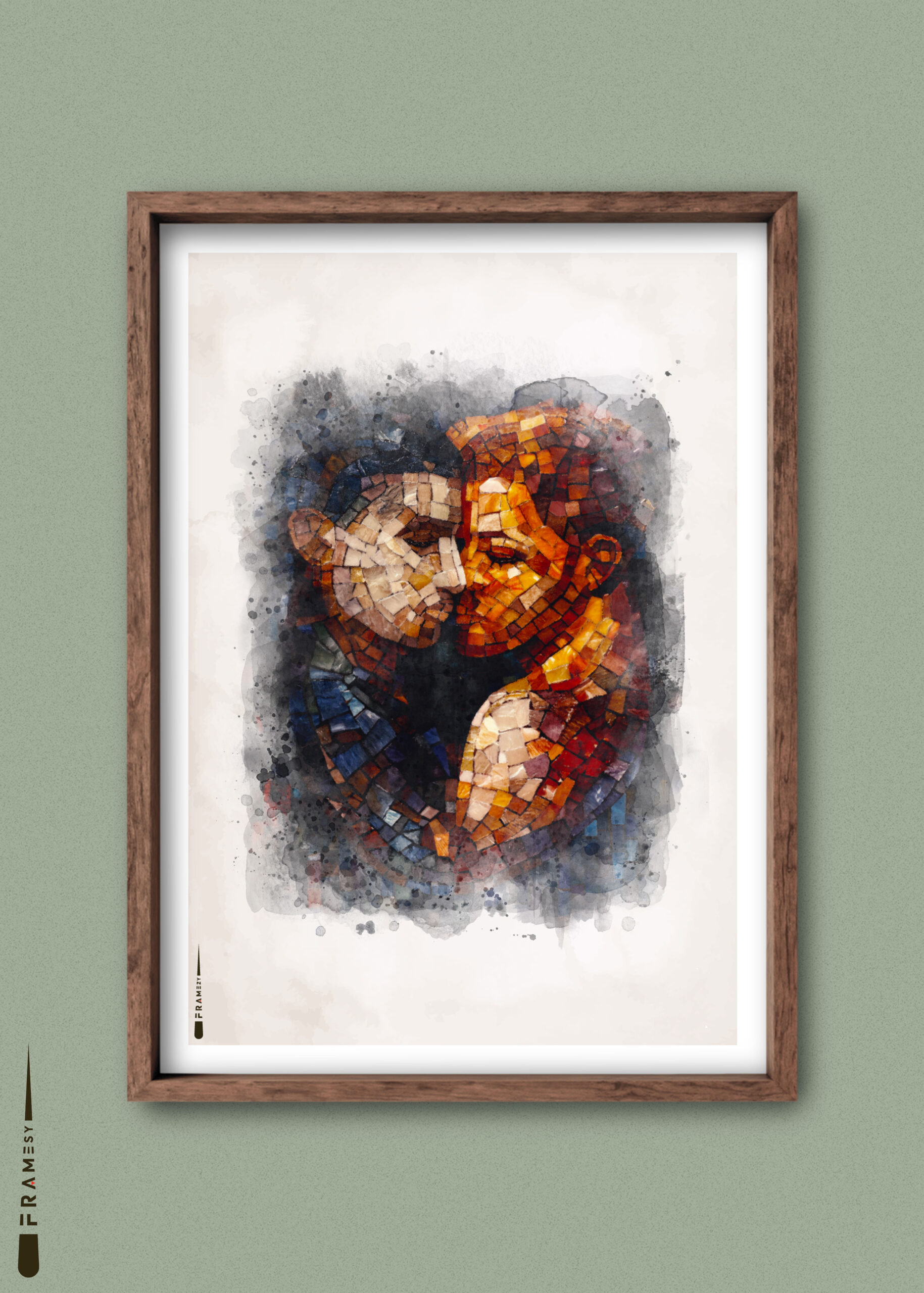 Mosaik-inspireret plakat af to personer i en kærlig omfavnelse, skabt i varme og dybe farver.