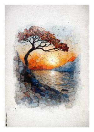 Mosaik-inspireret plakat af et træ på en klippeskrænt med solnedgang over havet i baggrunden.