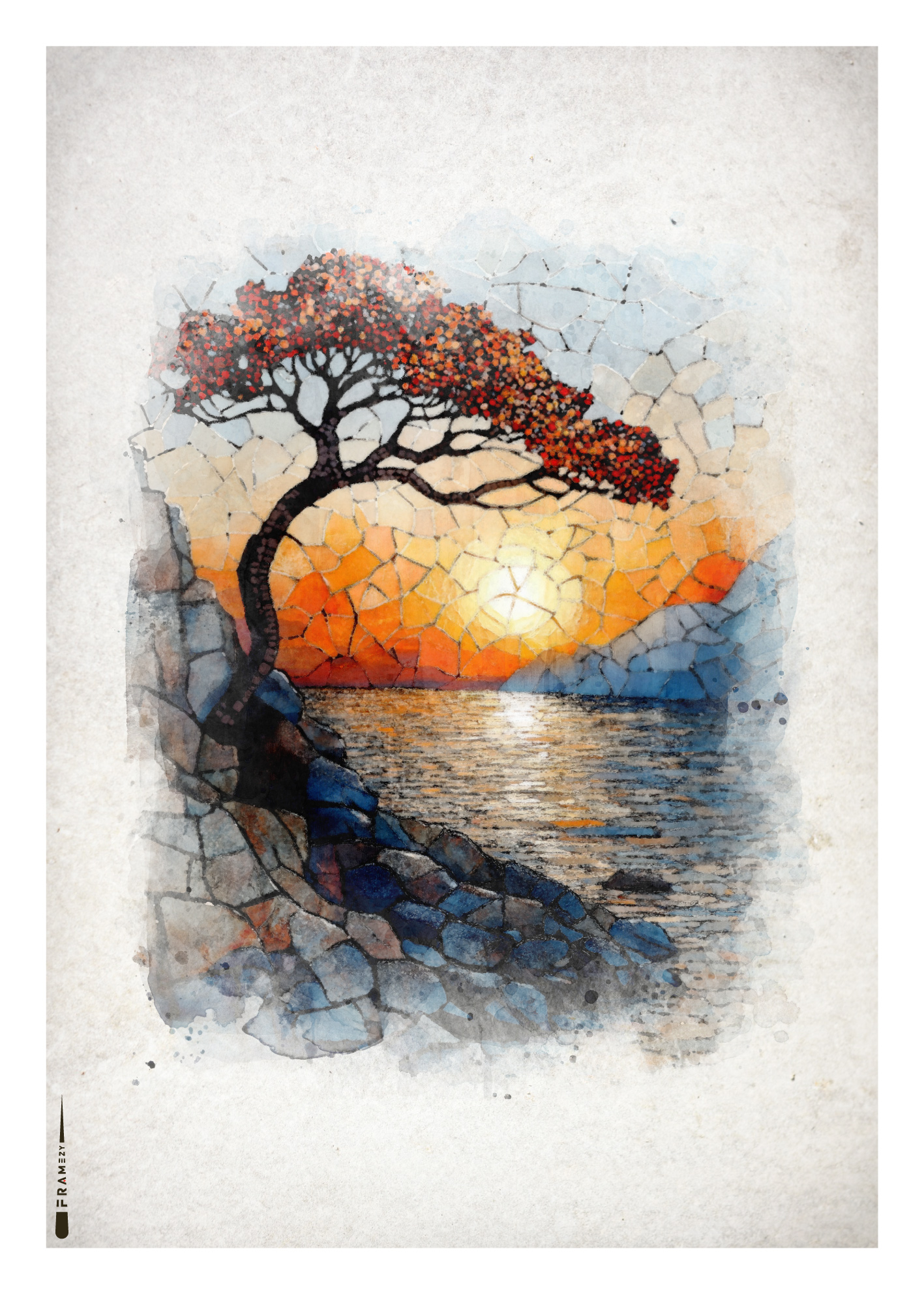 Mosaik-inspireret plakat af et træ på en klippeskrænt med solnedgang over havet i baggrunden.