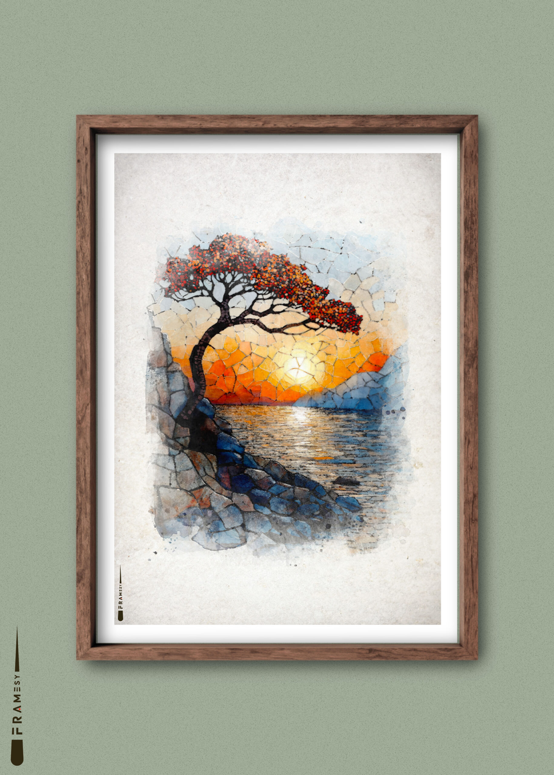 Mosaik-inspireret plakat af et træ på en klippeskrænt med solnedgang over havet i baggrunden.