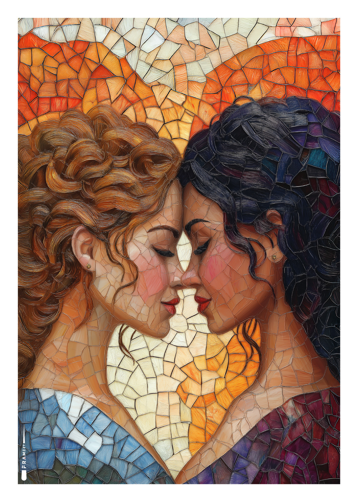 Mosaik-inspireret plakat af to kvinder med pande mod pande i et kærligt og intenst øjeblik.