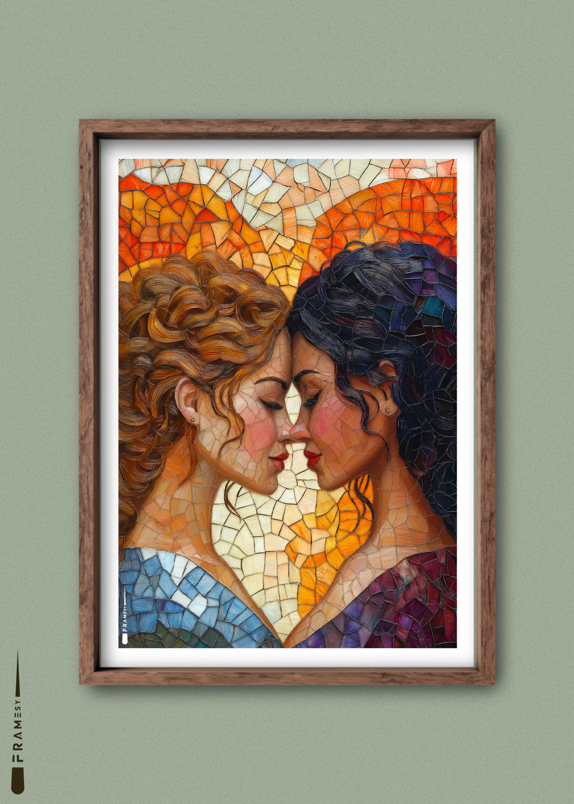 Mosaik-inspireret plakat af to kvinder med pande mod pande i et kærligt og intenst øjeblik.