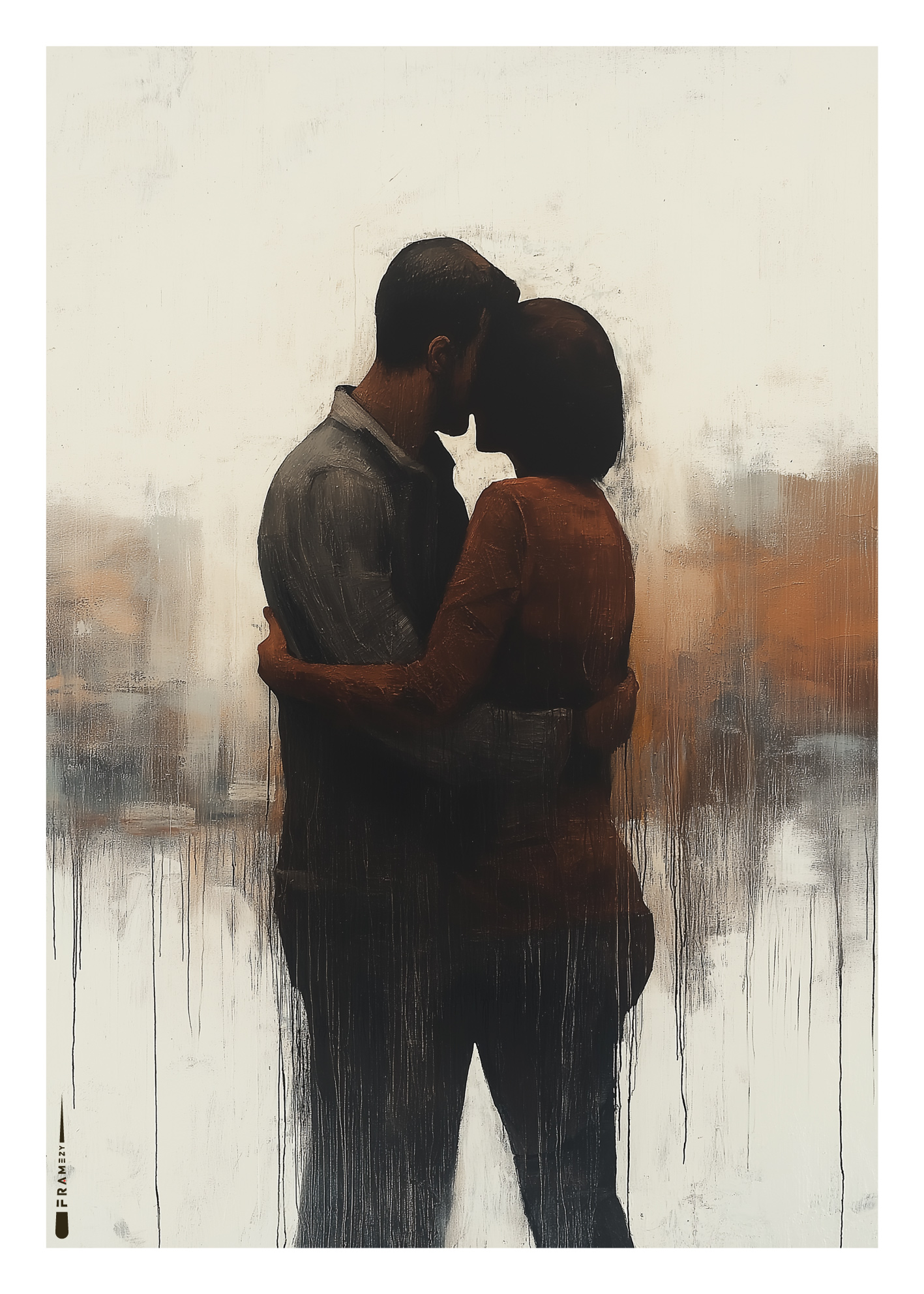 Abstrakt plakat af to personer i tæt omfavnelse, malet i rolige farver med rå tekstur.