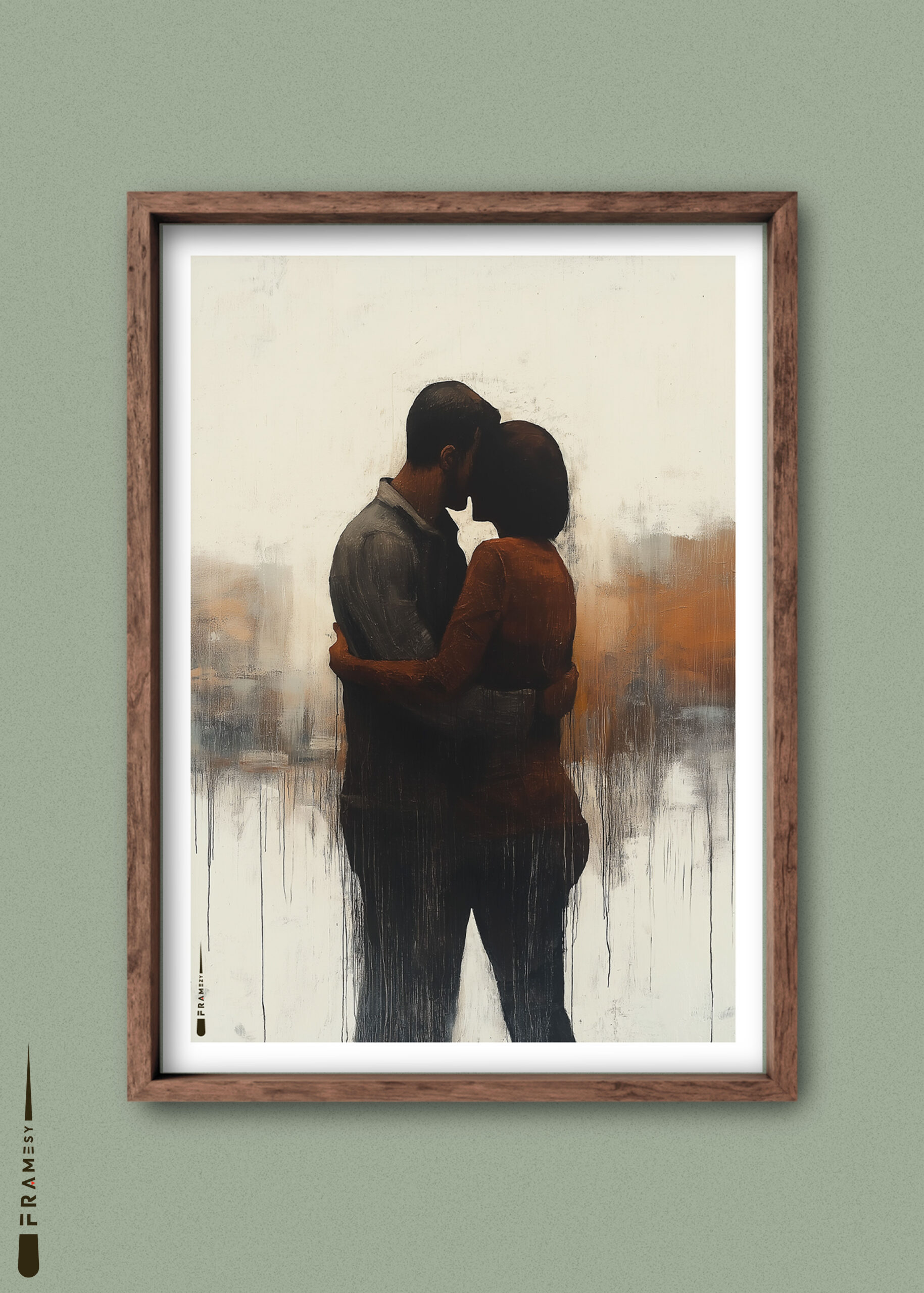 Abstrakt plakat af to personer i tæt omfavnelse, malet i rolige farver med rå tekstur.