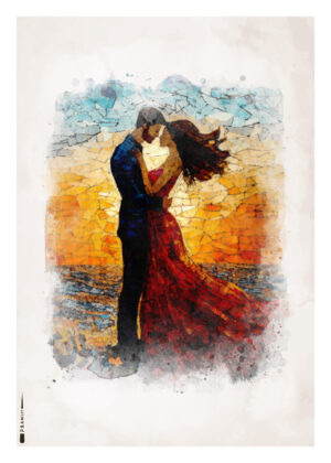 Mosaik-inspireret plakat af et par, der kysser foran havet i solnedgangen.