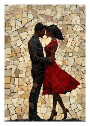 Mosaik-inspireret plakat af et dansende par, hvor kvinden bærer en rød kjole.