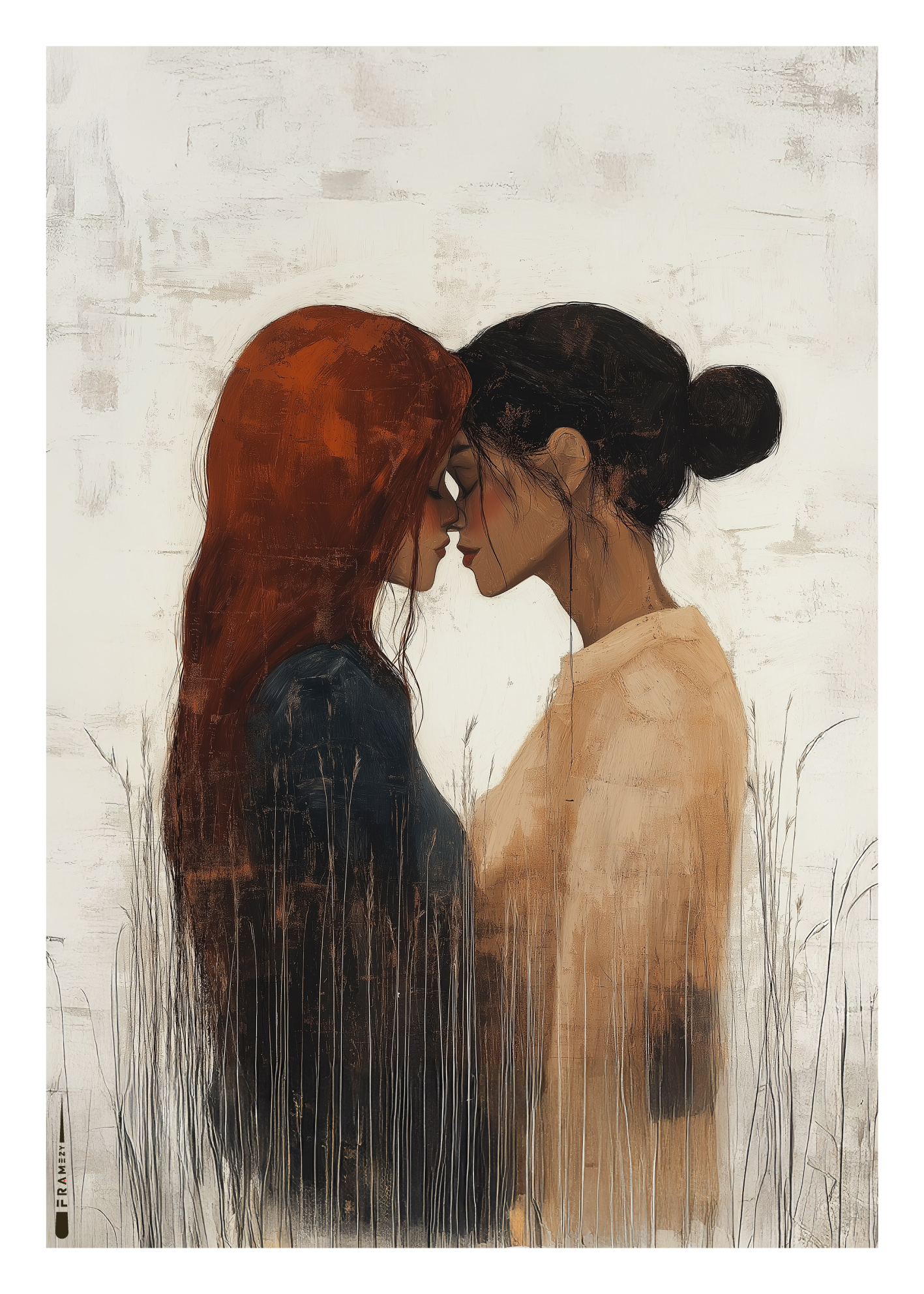 Abstrakt plakat af to kvinder med pande mod pande i et nært og kærligt øjeblik.