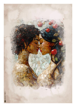 Mosaik-inspireret plakat af to kvinder i kærligt øjenkontakt med æbler og blade i baggrunden.