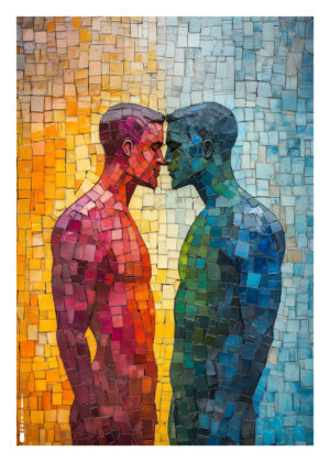 Mosaik-inspireret plakat af to mænd, der står ansigt mod ansigt i regnbuefarver.