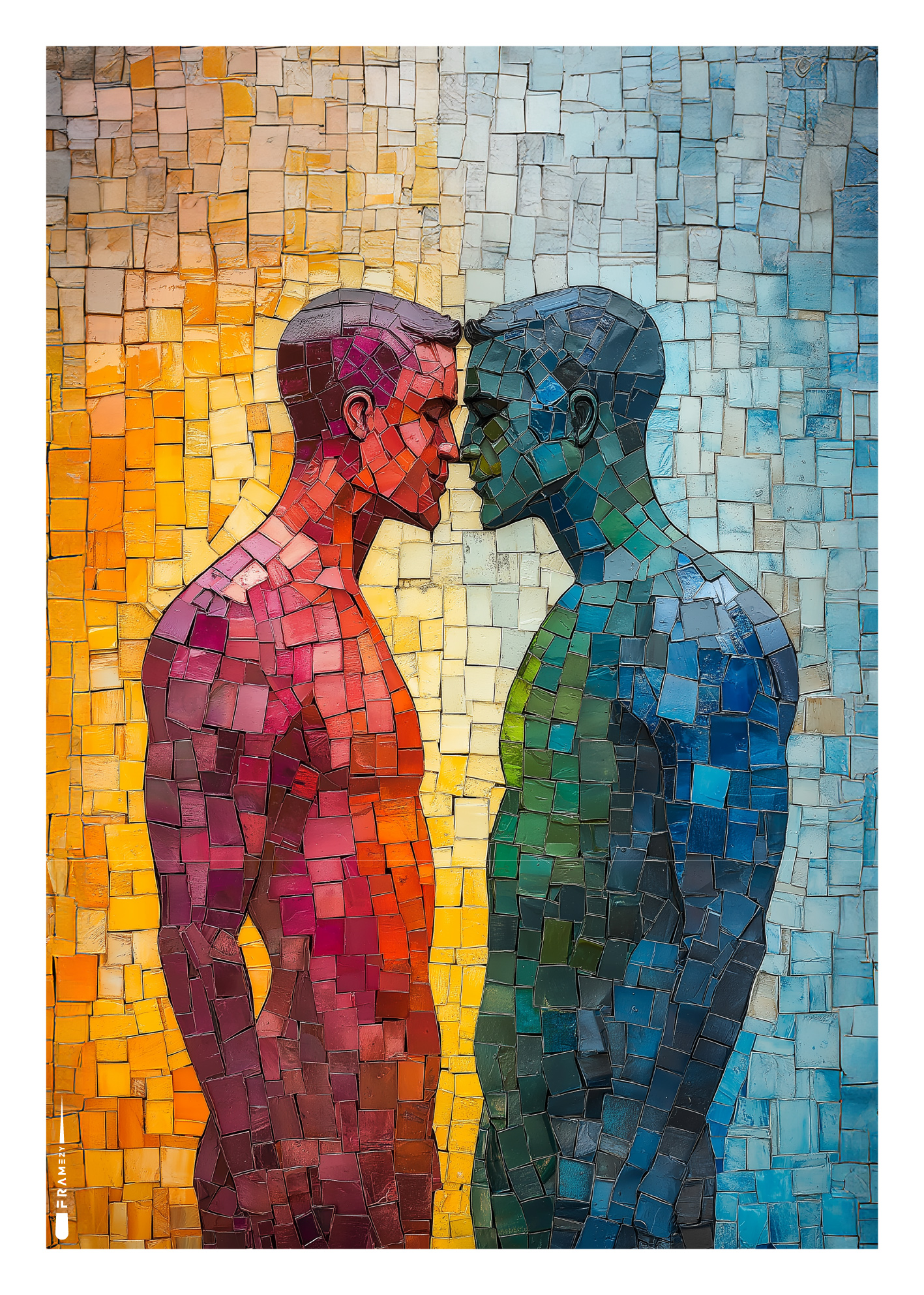 Mosaik-inspireret plakat af to mænd, der står ansigt mod ansigt i regnbuefarver.