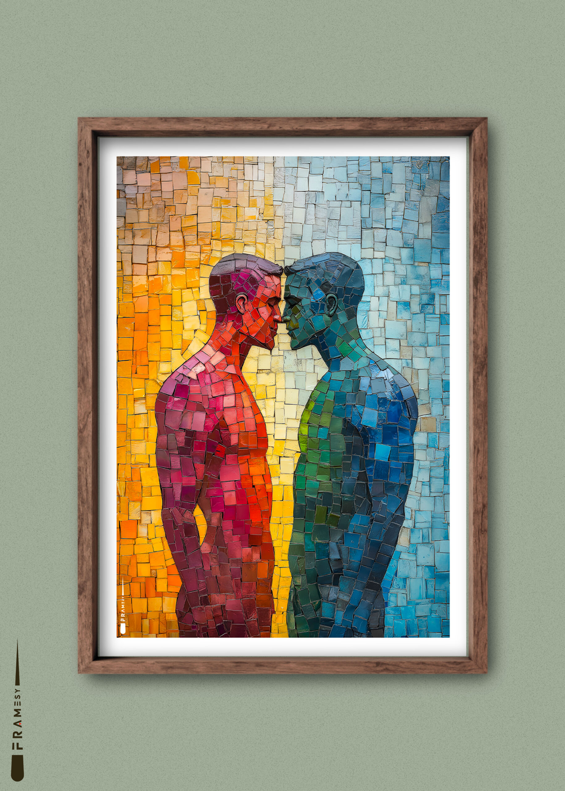 Mosaik-inspireret plakat af to mænd, der står ansigt mod ansigt i regnbuefarver.