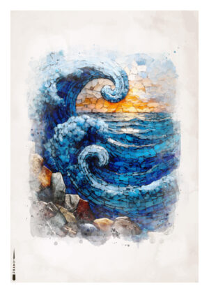 Mosaik-inspireret plakat med store blå bølger, klipper og solnedgang over havet.